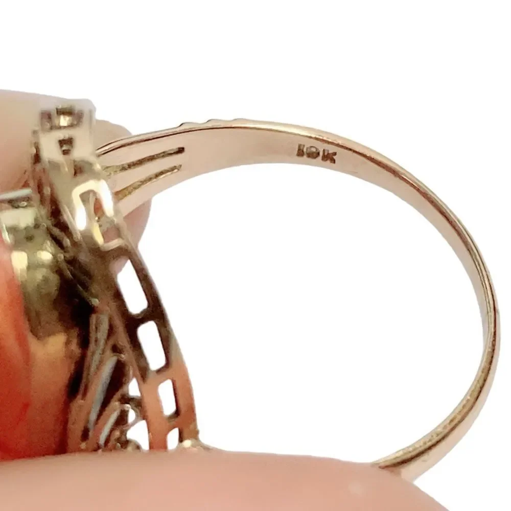Antique Victorian Carved Cameo Ring 10k Yellow Gold Filigree Oval Sz 7.5 Vintage